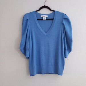 DKNY cobalt blue knit v-neck top with short statement puff sleeves